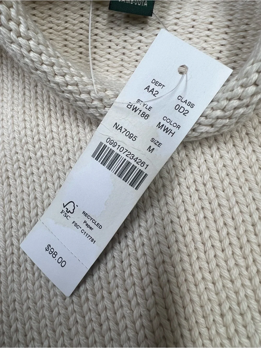 J. Crew Men’s 1988 Rollneck Sweater in Mountain White Cream Cotton Size Medium